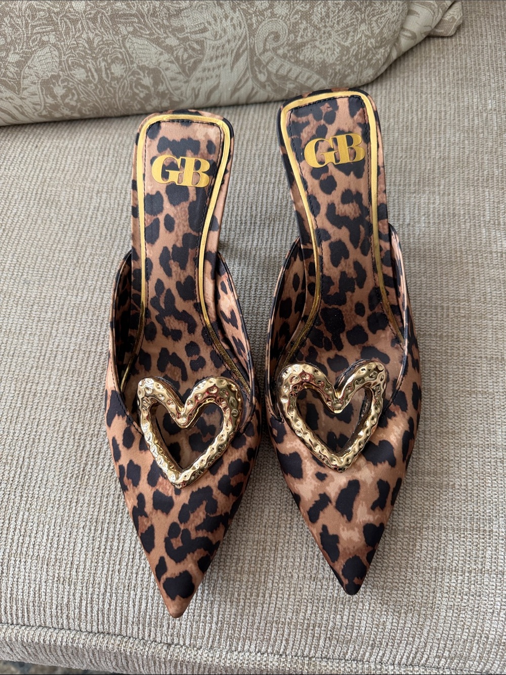 Gianni Bini Leopard Print Pointed Mules with Gold Heart Accent